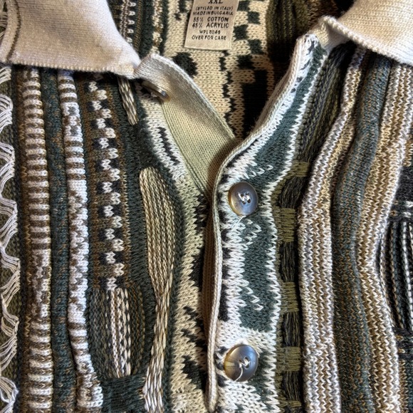 Alfani Men's Textured 3D Knit Polo Sweater 2XL Green Cream Beige Pattern - Picture 3 of 8